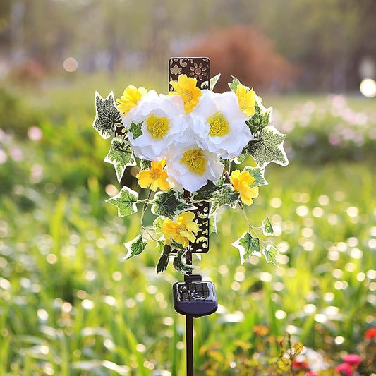Starryfill Solar Cross Lights with Three Flowers, Solar Metal Stake with Led Warm White Lights Decorative for Outdoor Remembrance Sympathy Grave Gifts