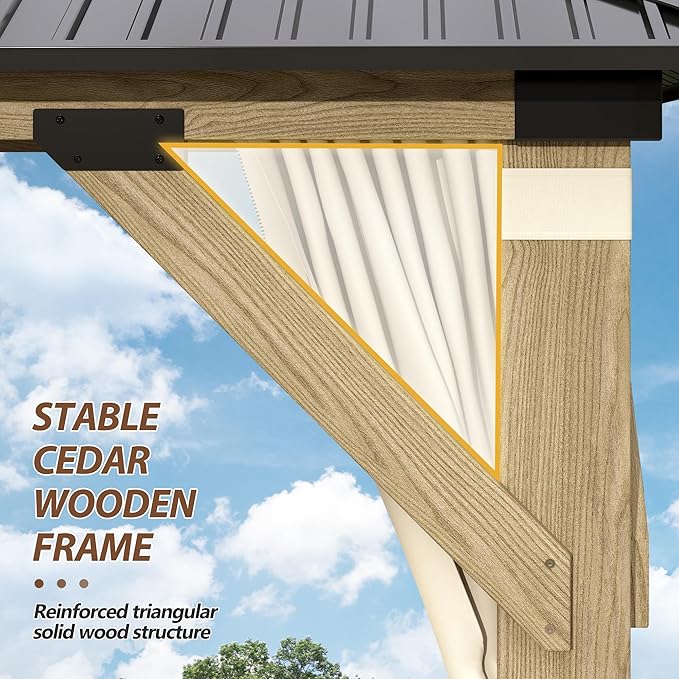 13'x15' Wood Gazebo,Cedar Wood Hardtop Gazebo with Netting and Curtains, Outdoor Wooden Frame Gazebos with Galvanized Steel Double Roof for Patio Garden Deck