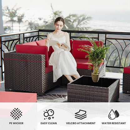 13 Pieces Outdoor Patio Furniture Set with Propane Fire Pit Table Outdoor Furniture Patio Sectional Sofa Conversation Sets w/ETL Approved 43" Gas Outdoor Fire Table & Coffee Table (Red)