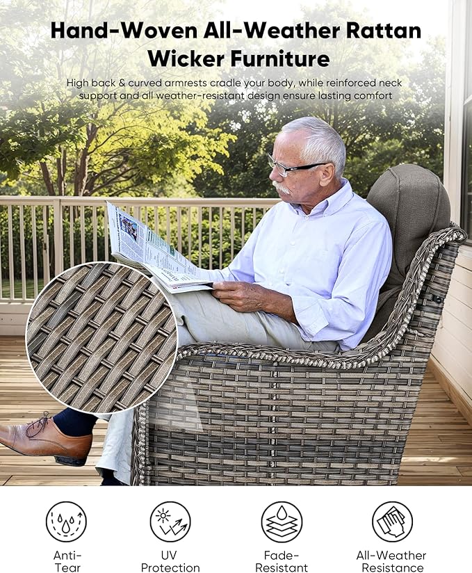 HUMMUH Outdoor Patio Wicker Swivel Rocker Chairs with 6-Inch Thick Cushion High Back 3 PCS Wicker Conversation Set for Porch Balcony Deck