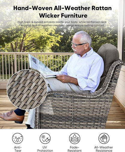 HUMMUH 3-Piece Swivel Rocking Rattan Chair Outdoor, Patio Bistro Furniture Conversation Set with Cover, Cushioned Wicker Chair with Glass Coffee Table(Grey, Grey)
