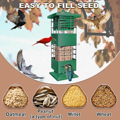 Squirrel Proof Bird Feeders for Outdoors Hanging, Large Capacity Gravity Protection Bird Feeders with 4 Feeding Ports, Metal Wild Bird Feeders for Outside, Finch, Cardinal, Blue Jay, 3.5Lbs