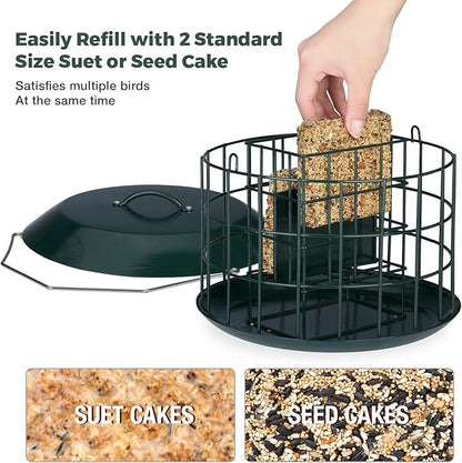 Kingsyard Squirrel Proof Suet Feeder, Cage Bird Feeders for Outdoors Hanging, All Metal, Double Suet Cake Capacity, Tray & Weatherproof, Green