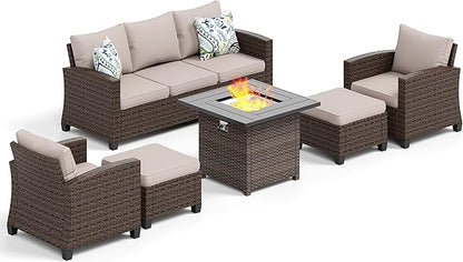 HERA'S HOUSE Wicker Patio Furniture Set, Outdoor Furniture with Fire Pit Table, 6 Pieces Patio Conversation Set with Ottomans, Outside Sofa Sets for Poolside Backyard, Beige