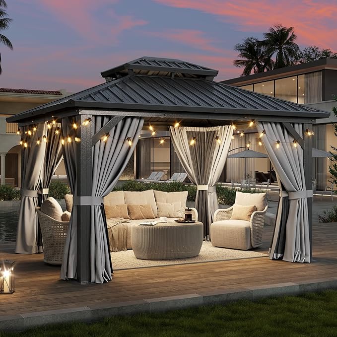Aoxun 12'x10' Hardtop Gazebo, Aluminum Frame Permanent Pavilion with Curtains and Netting, Outdoor Galvanized Double Roof Canopy, Designed for Garden, Lawns, Patio