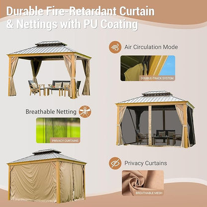 10' x 12' Hardtop Gazebo Outdoor Aluminum Wood Grain Gazebos with Galvanized Steel Double Canopy for Patios Deck Backyard,Curtains&Netting by domi outdoor living