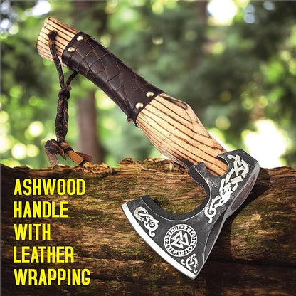 Viking Axe Ashwood Handle Handmade Carbon Steel Blade, Outdoor Camping Hunting, Norse Hatchets Axes, with Leather Wrapped Handle & Leather Sheath Wood Splitting Axes