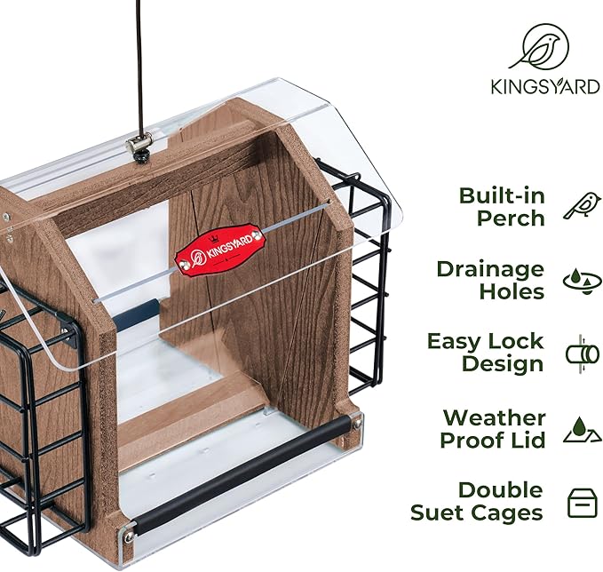 Kingsyard Hopper Bird Feeder for Outdoors Hanging, Recycled Plastic Double Suet Feeder with Clear View Windows, 3 LBS Seed, Cardinal Woodpecker Bluebird Feeder, Brown