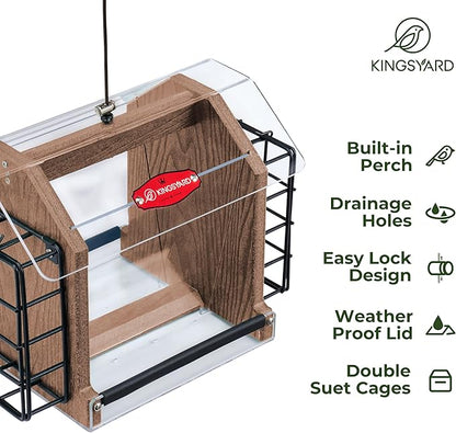 Kingsyard Hopper Bird Feeder for Outdoors Hanging, Recycled Plastic Double Suet Feeder with Clear View Windows, 3 LBS Seed, Cardinal Woodpecker Bluebird Feeder, Brown