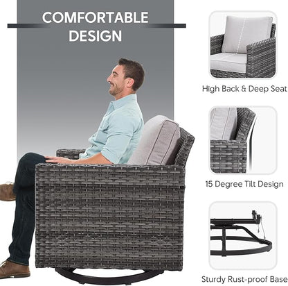 5 Piece Wicker Patio Furniture with Fire Pit Table - Outdoor Conversation Set with 50,000 BTU Fire Pit, All Weather Rattan Patio Set for Deck Backyard Garden - Grey Wicker Beige Cushion