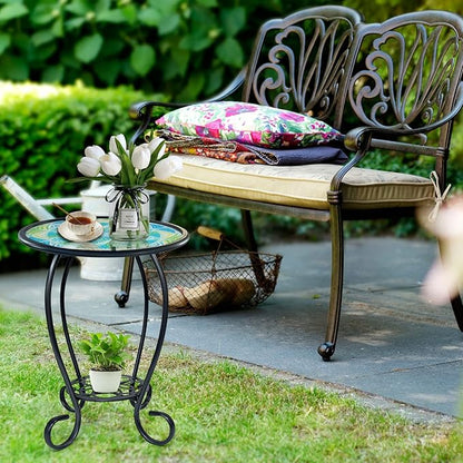 HONGLAND Mosaic Outdoor Side Table, 14" Round Patio Side Table, Mosaic Plant Stand, End Table W/Storage Shelf, Small Bistro Coffee Table for Garden Yard Porch Living Room(Green)