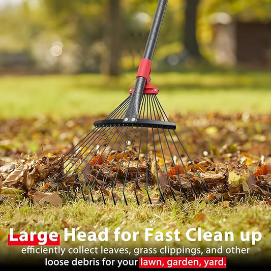 Rake for Leaves, Adjustable Garden Leaf Rakes for Lawns Heavy Duty, Metal Rake with 18 Clog-Free Tines, 9”-17” Collapsible Head, 6 ft Long Handle, Yard Tools for Gardening Camping Fast Cleanup