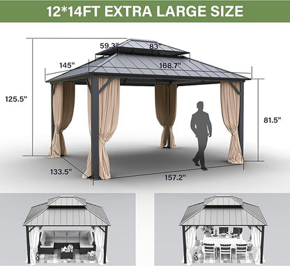 12' x 14' Hardtop Gazebo,Outdoor Galvanized Steel Metal Double Roof Gazebo with Curtains and Netting for Patios, Gardens, Lawns,Khaki