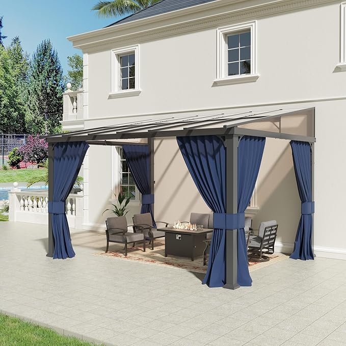 10’ x 14’ Gazebo for Patio,Wall Mounted Gazebo with Sloping Polycarbonate Roof,Aluminum Frame Outdoor pelgole w/Netting & Curtain for Garden,Deck,Backyard,NavyBlue