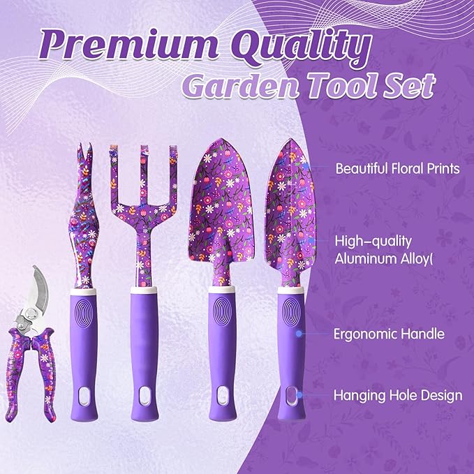 Gardening Gifts for Women, Gardening Tools for Women, 14 PCS Garden Tools Set Kit with Garden Tool Bag, Plant Lover Christmas Birthday for Mom Grandma Aunt, Purple