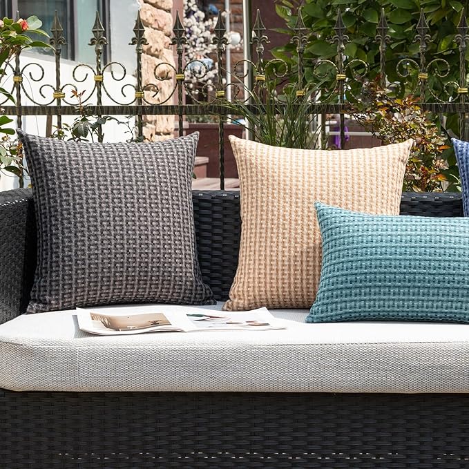 Kevin Textile Outdoor Waterproof Throw Pillow Covers Pack of 2 Farmhouse Decorative Cushion Covers for Garden Patio Tent Balcony Bench Couch Sofa 22x22 Inch, Dark Grey