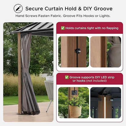 SUNJOY Kingston 20' x 12' Hardtop Gazebo with Galvanized Steel/Polycarbonate Double Roof, Curtain and Netting, Woodgrain Finish Aluminum Posts Permanent Pavilion Gazebo for Garden, Patio, Deck, Lawn