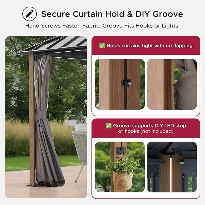 SUNJOY Kingston 12' x 12' Hardtop Gazebo with Galvanized Steel/Polycarbonate Double Roof, Curtain and Netting, Woodgrain Finish Aluminum Posts Permanent Pavilion Gazebo for Garden, Patio, Deck, Lawn
