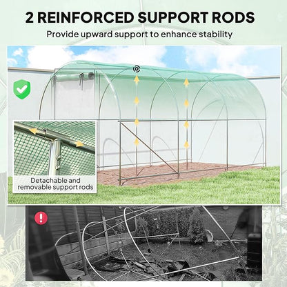 Outsunny 14.6'x6.5'x6.6' Hoop House Greenhouse with 2 Support Rods, Zippered Roll-up Mesh Door, Mesh Windows, Walk-in Tunnel Greenhouse with PE Cover, Galvanized Steel Frame, Outdoor Garden, Green