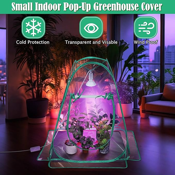 Meonum 2 Pack Mini Greenhouse with 10W 200 LED Grow Light Bulbs for Indoor, 27" x 27" x 30" Pop Up Small Greenhouse Cover with Bottom Waterproof Bottom Mat for Indoor Outdoor Plants Seed Starting