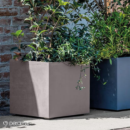 Deroma Millennium 10” Cube Planter | Light & Durable Plastic | Indoor or Outdoor Square Pot for Patio/Porch | Includes Water Reserve & Drain Plug | Trendy Planter for Plants, Flowers, Garden | Sand