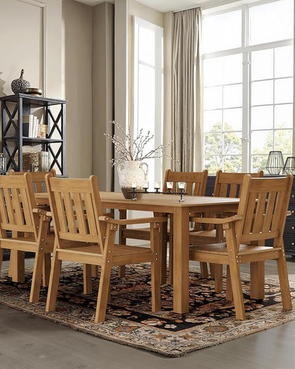 YEFU HIPS Patio Table Set: 7 Piece Outdoor Table and Chairs Dining Furniture Set with Umbrella Hole - Teak Modern Plastic Dining Sets 6 Person for Outside Deck with Metal Aluminum Frame