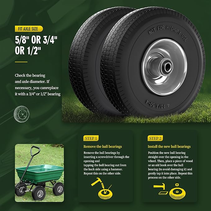 (2 Pack) 4.10/3.50-4 Flat Free Tire and Wheel 10-Inch Solid Wheel Replacement with 5/8 Extra 3/4 &1/2 Bearings,2.2" Offset Hub -Compatible with Hand Truck,Wheelbarrow(Wave,Gray)