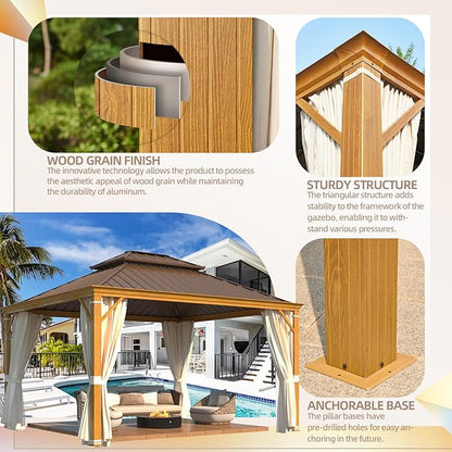YOLENY 12' x 14' Hardtop Gazebo, Wood Grain Aluminum Frame Canopy with Galvanized Steel Double Roof, Outdoor Patio Gazebo with Netting and Curtains for Backyard, Patio, Lawns