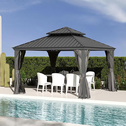 Domi 12x12FT Outdoor Gazebo, Hardtop Gazebo with Galvanized Steel Double Roof, Metal Gazebos with Drainage System Patio Pergola for Patio Deck Backyard,Curtain and Netting,Gray