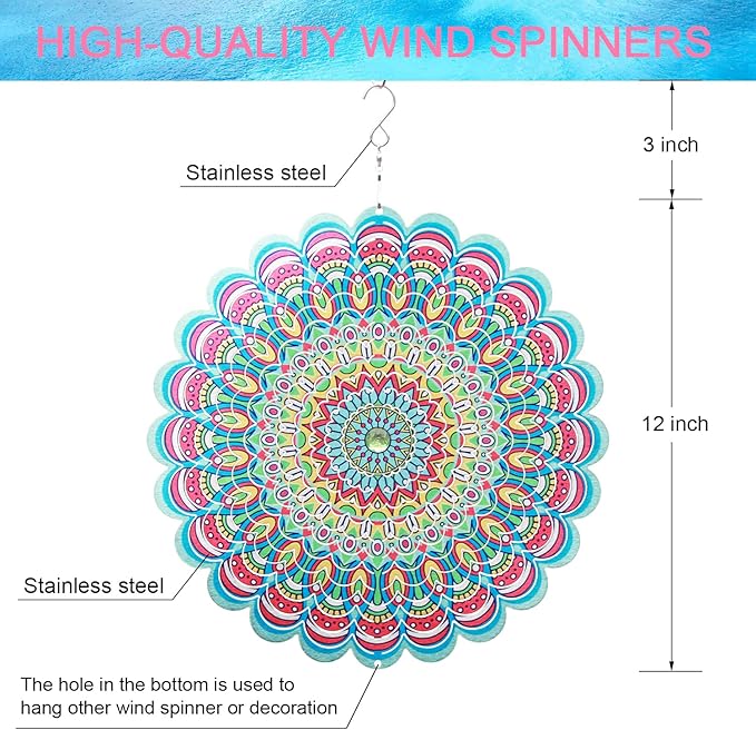 SPRING SONG Colorful Mandala Kinetic Wind Spinner for Yard and Garden Stainless Steel Spinner Indoor and Outdoor Hanging Decor Crafts Ornaments Kinetic Art Spinner Hanging Wind Spinners Decor Gifts