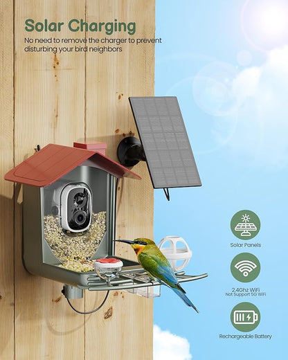 Smart Bird Feeder with Camera Outdoor: Solar Birdfeeder Cam for Outside Garden - 2K HD Live Video Camera AI Recognition Visible Window Auto Capture - Bird Lover Gifts