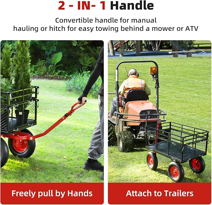 GarveeLife Steel Garden Cart 1400 LBS Capacity, Heavy Duty Steel Utility Wagon with Removable Sides, 2 in-1 Handle and 16 in Tires, Utility Metal Wagon Perfect for Garden, Farm, Yard