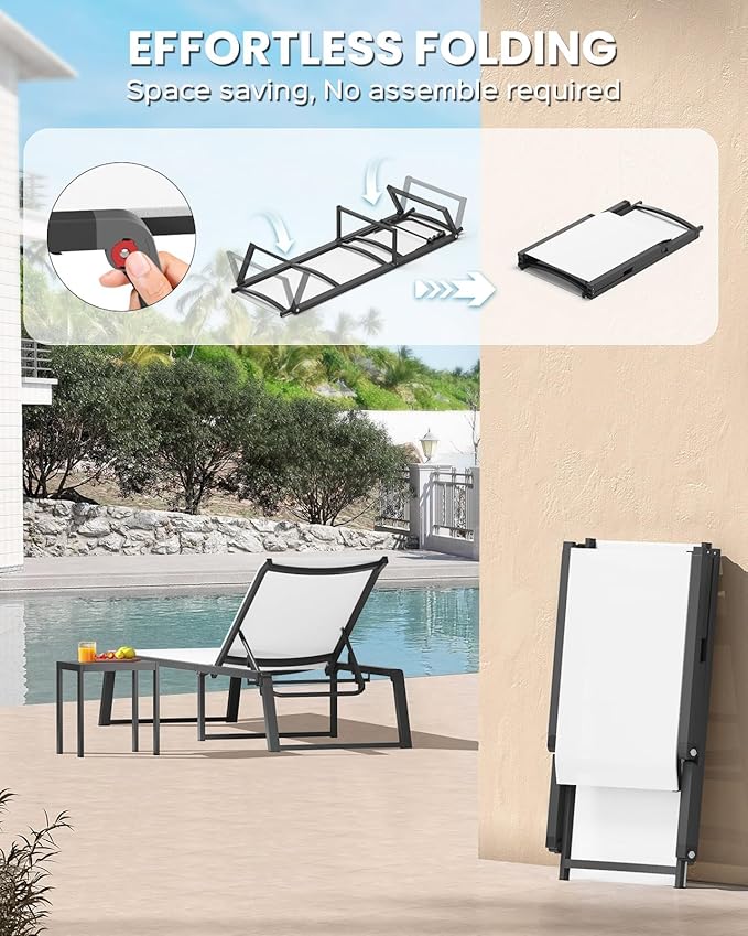 Aluminum Chaise Lounge Chair Outdoor, Foldable & Assembly Free Patio Pool Lounge Chairs 5-Position Recliner for Outside Poolside, Fully Grounded Legs Sun Lounger for Beach, Yard, White