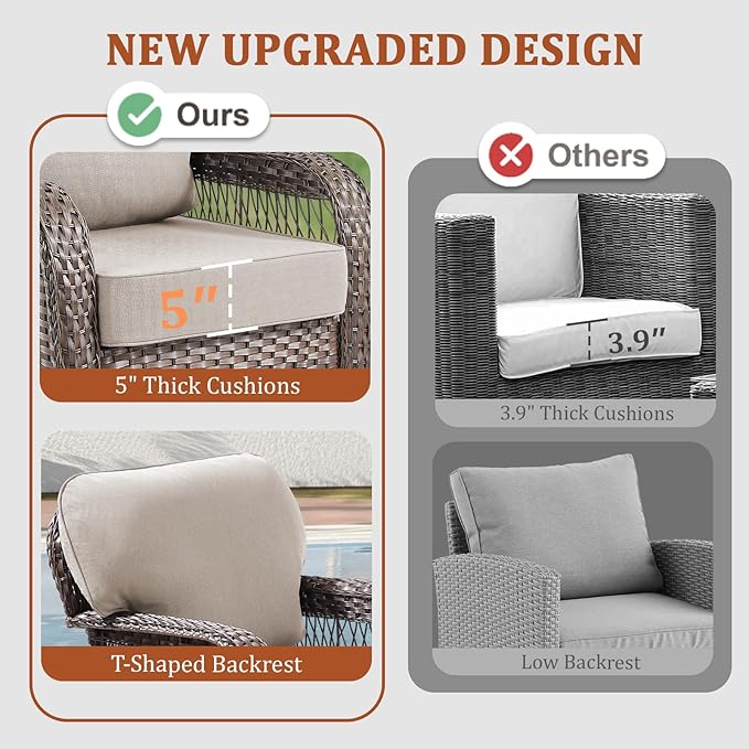 6 Pieces Patio Furniture Set Outdoor Sectional Sofa Couch with Rocking Swivel Chairs 5" Deep Seat Chairs, Modern Wicker Rattan Conversation Set, Beige/Brown Wicker
