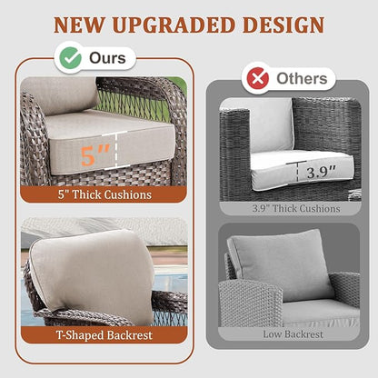 10 Pieces Patio Furniture Set Outdoor Sectional Sofa Couch with Rocking Swivel Chairs 5" Deep Seat Chairs, Modern Wicker Rattan Conversation Set, Beige/Brown Wicker
