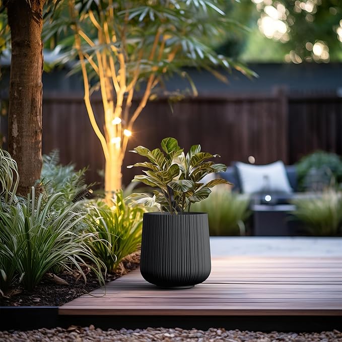 Kante 13.0" Dia Round Fluted Concrete Planter, Large Plant Pot with Drainage, Smooth Black Finish with Warm Brown Interior, for Indoor and Outdoor Use
