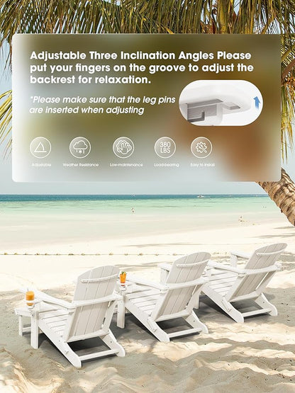 KINGYES Folding Adjustable Adirondack Chair with Retractable Ottoman Set of 6, HDPE All Weather Chair with Cup Holder - Versatile Adirondack Chair, White