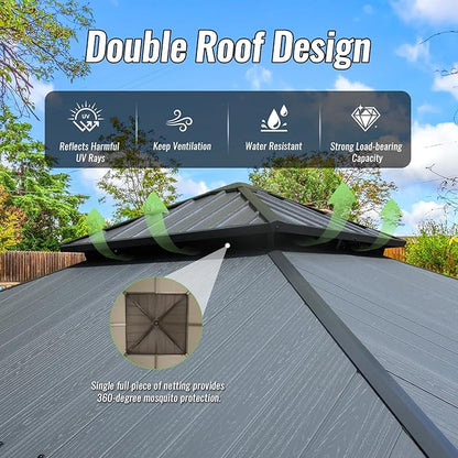 Domi 12’x12’ Hardtop Gazebo with Gutters, Outdoor Patio Gazebo Canopy with Resin & Metal Roof, Heavy Duty Permanent Pavilion for Backyard, Deck, Hot Tub, Curtains and Mosquito Netting Included