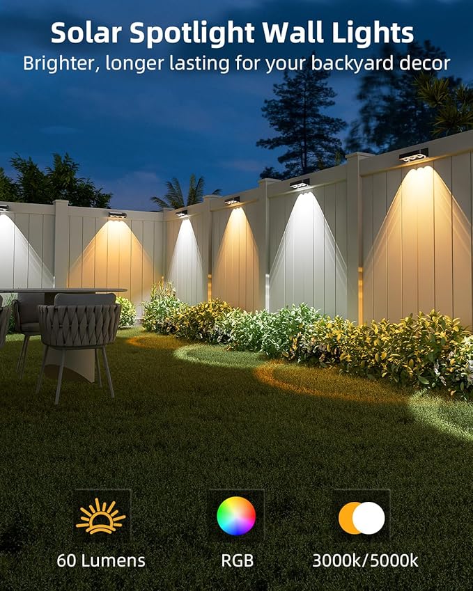 Solar Fence Lights Outdoor, 8 Pack, 9 Fixed Colors ＆ Color Changing Fence Lights Solar Powered Waterproof IP65 Dusk-to-Dawn LED Deck Lighting for Patio, Railing, Pool, Porch, Backyard, Wall