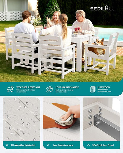 SERWALL Patio Dining Set for 4, Outdoor Dining Sets for 4 Person with 1 Umbrella Hole Cut-Out Rectangular Table and 4 Chairs, HDPE Dining Sets for Garden, Backyard, Poolside, White