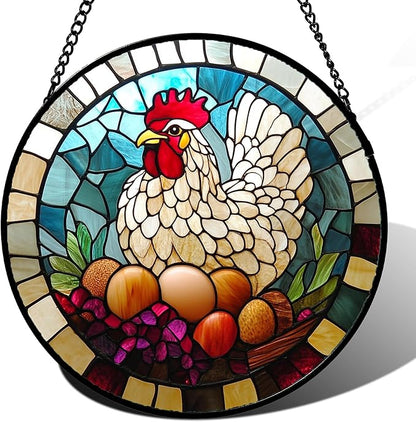 Stained Glass Window Hanging White Chicken Hatching Eggs Large 11.8" - Suncatcher Door Garden Sunroom Sun Catcher Home Decor Birthday Christmas for Mom Men Woman Nana