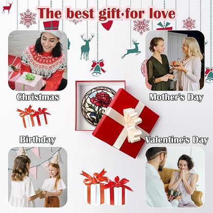 Stained Glass Window Hanging - Red Carnation Birth Flower Sun Catcher for Door Garden Home Decor Suncatcher Christmas Mother's Day Birthday Gifts for Women Men Mom Nana Friend Wife 15 in