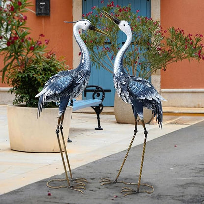 33-35 Inch Blue Heron Garden Statues for Outside, Metal Cranes for Yard Outdoor Decor, Standing Bird Sculptures for Patio, Lawn, and Backyard, Garden Sculptures & Statues, Set of 2