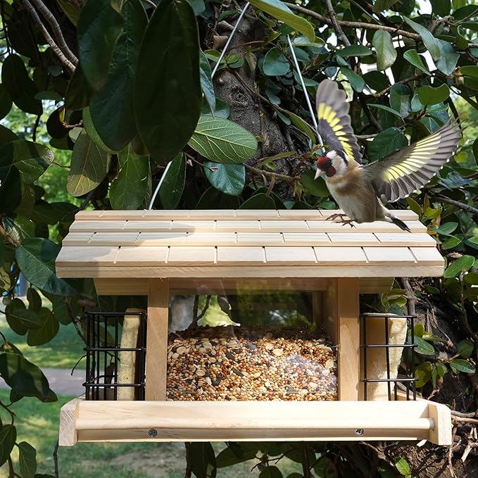 Wood Bird Feeders for Outdoors - Large with 2 Suet Cages, Waterproof for Garden Decoration