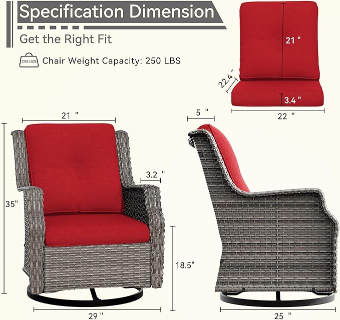 Swivel Patio Chair Outdoors - 360 Degree, Set of 2, Glider Chair with 3.5" Olefin Fabric Cushions (Mixed Grey Rattan/Red)