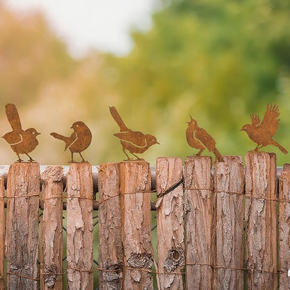 Rusty Bird Decor, Metal Yard Art, Yard Decorations Outdoor, Metal Bird Wall Art, Fence Decorations Outdoor, Rustic Garden Decor, Garden Sculptures Statues, Bird Lover Gifts (Pack of 5)
