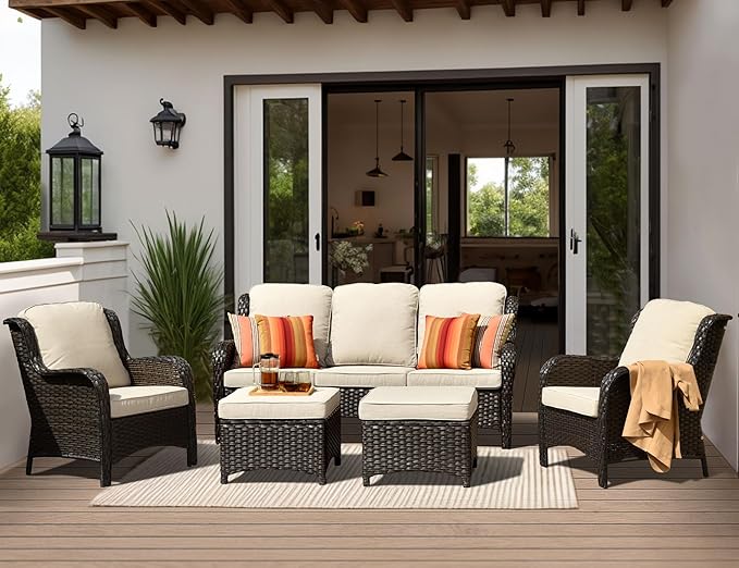 HOOOWOOO Patio Furniture Set,5 Piece Outdoor Furniture Set,Wicker Patio Conversation Couch Chairs Ottoman Set,Beige