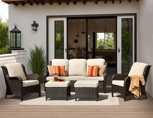 HOOOWOOO Patio Furniture Set,5 Piece Outdoor Furniture Set,Wicker Patio Conversation Couch Chairs Ottoman Set,Beige