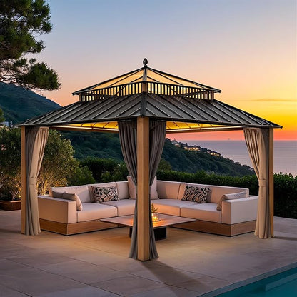 SUNJOY Kingston 12' x 12' Hardtop Gazebo with Galvanized Steel/Polycarbonate Double Roof, Curtain and Netting, Woodgrain Finish Aluminum Posts Permanent Pavilion Gazebo for Garden, Patio, Deck, Lawn