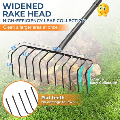 56" Rake with Oversize L-Head - Lightweight Tool for Effortless Collecting Cleaning - Sturdy Design for Dethatching, Landscaping, Lawn, Yard, Bushes, Pine Needles, Hay, Leaves, Mulch, Grass